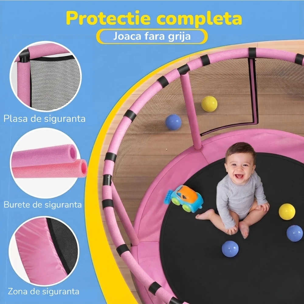 Trambulină pentru copii 8 în 1, Diametru 140 cm, cu plasă de siguranță, hamac, inele și coș de baschet, pentru interior și exterior, Certificare de Siguranta, Roz - LUDIRO