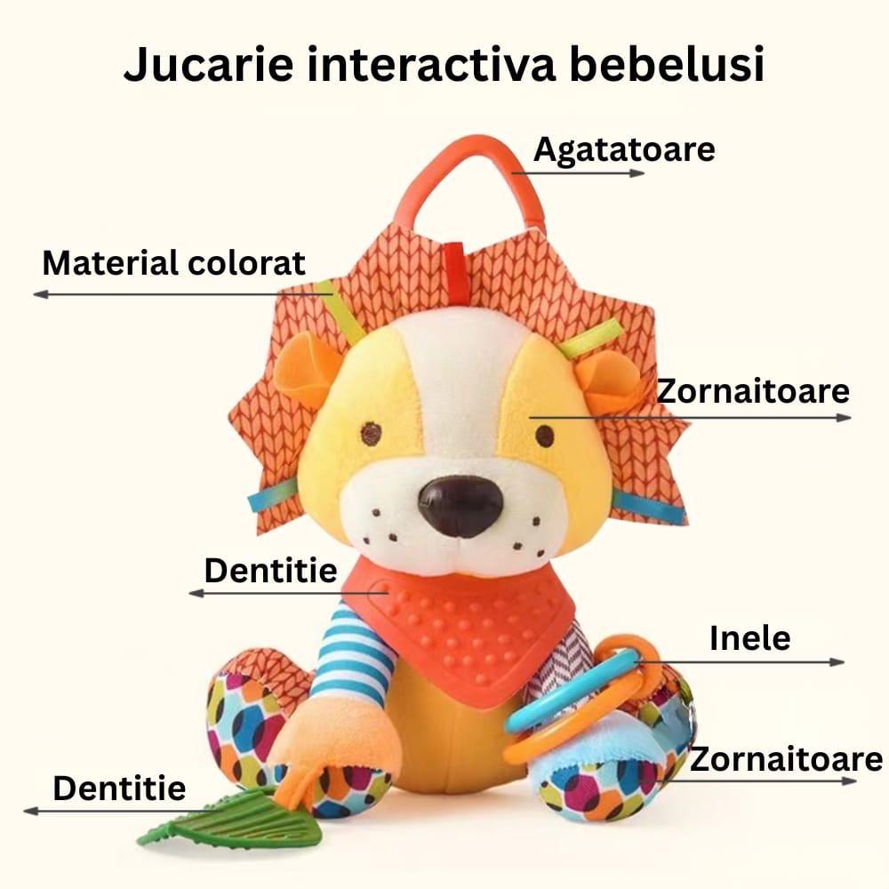 Jucărie de Pluș Interactivă Leu pentru Bebeluși, Senzorială, Dentiție, Agățătoare Cărucior și Pătuț, 0+ Luni - LUDIRO