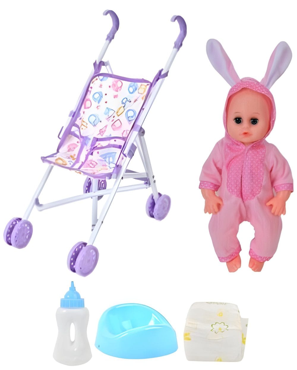 Resigilat - Set Papusa Bebelus Interactiva Multifunctionala Care Vorbeste, Carucior si Accesorii, 15 Sunete, Biberon, Olita, Scutec, Carucior Mov, 31x9x15 Cm, + 3 Ani - LUDIRO