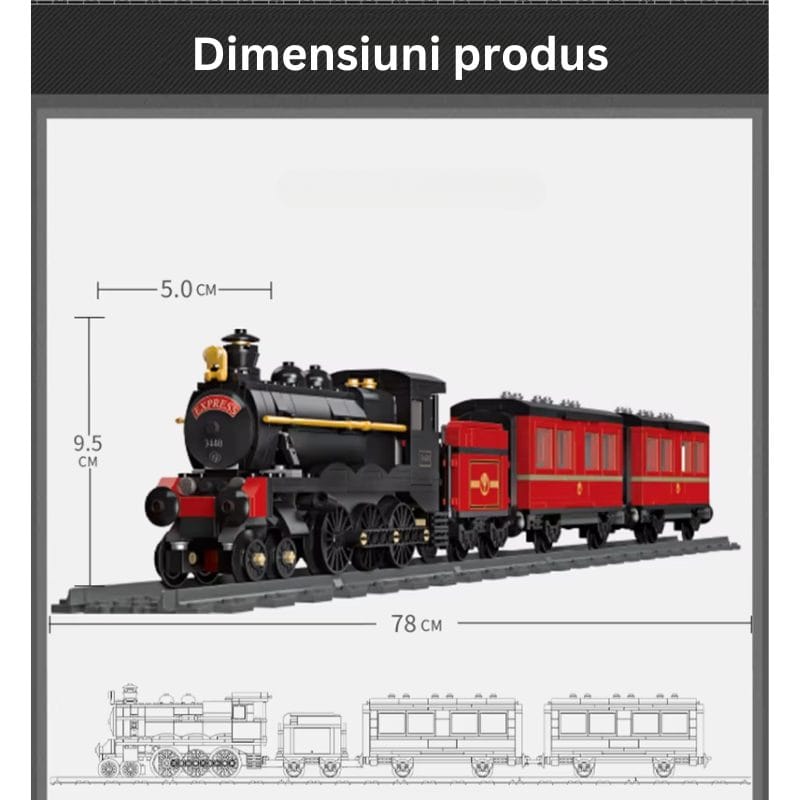 Set de Construit Tren cu Aburi, 789 Piese Reproducere Detaliata a Locomotivei GWR Express 3440, Model de Colectie Cu 3 Vagoane si Sina Inclusa, 78 Cm Lungime, Design Realist pentru Pasionati - LUDIRO