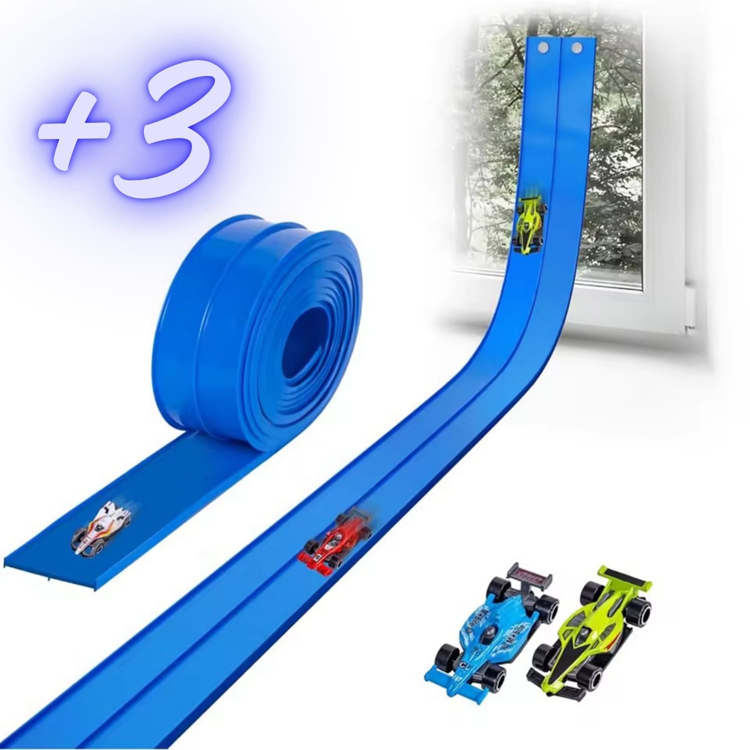 Pistă Auto Flexibilă Ludiro 4.5m, 2 Benzi, Prindere Ventuze, Compatibilă 1:64, Albastru - LUDIRO