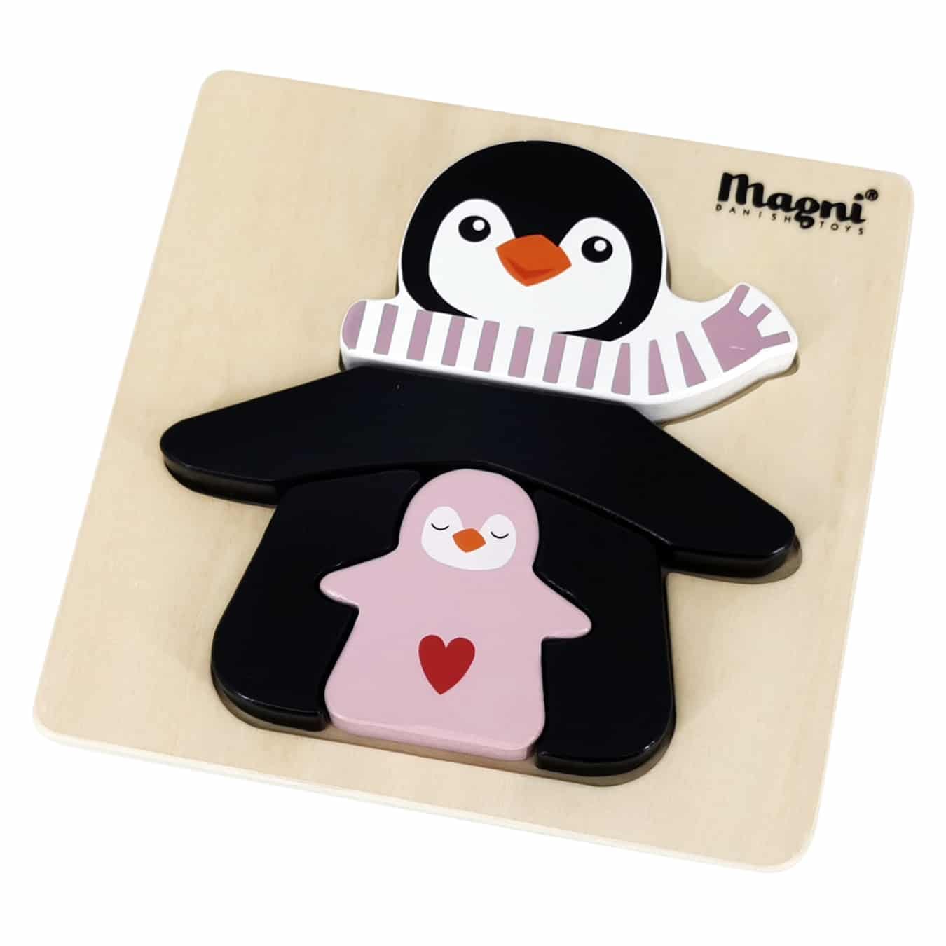 Puzzle din lemn, Magni, Pinguinii, 3 piese, roz - LUDIRO