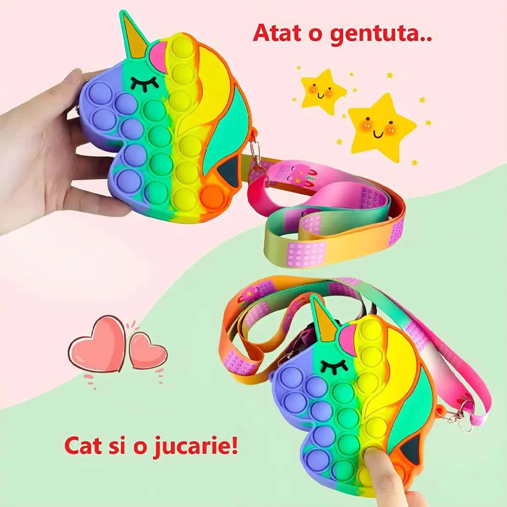 Jucarie Interactiva Antistres Tip Gentuta de Umar Pop IT NOW din Silicon, Cu Fermoar si Curea, Model Unicorn, 12X12X4 cm, Multicolor, + 3 Ani - LUDIRO