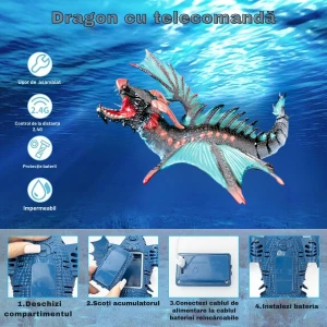 Dragon Interactiv de Apă cu Telecomandă, Funcție Stropire, Lumini, Acumulator Reîncărcabil, 43 cm, Jucărie Piscină, Verde Gri - LUDIRO
