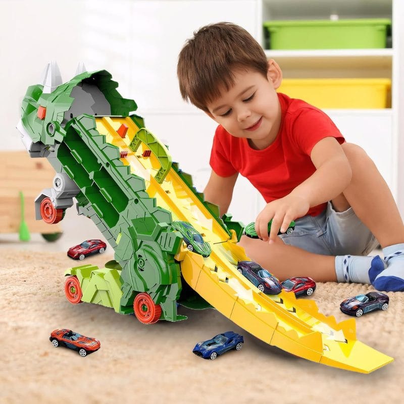 Set Multifunctional Dinozaur 2-in-1, Camion de Transport si Rampa de Lansare cu 2 Masinute, Distractie, Educatie si Dezvoltarea Creativitatii pentru Copii, + 3 Ani, Verde Portocaliu - LUDIRO