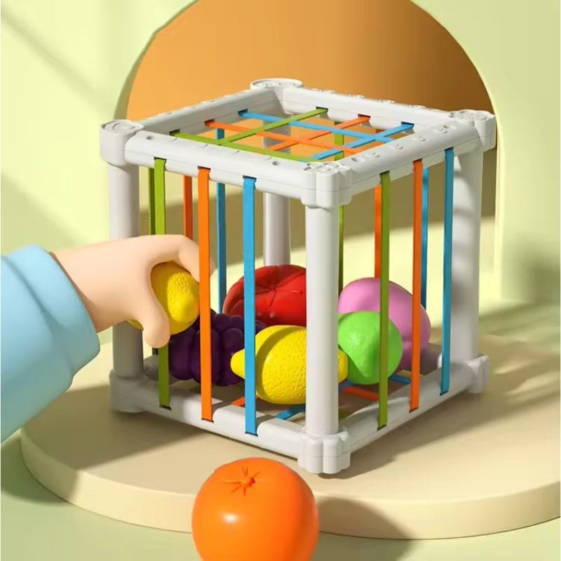 Jucarie Educativa pentru Bebelusi, Cub Elastic cu Fructe, 6 Forme din Plastic Multicolor, Dezvoltare Abilitati Motorii si Cognitive pentru Copii Mici, 11.5x11.5x11.5 Cm, + 1 An - LUDIRO