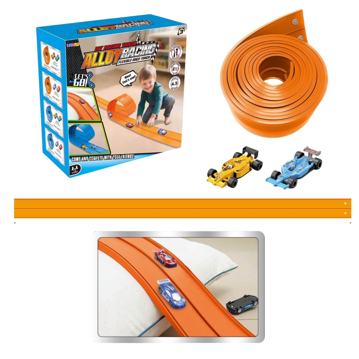 Pistă Auto Flexibilă Ludiro 4.5m, 2 Benzi, Prindere Ventuze, Compatibilă 1:64, Portocaliu - LUDIRO
