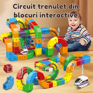 Circuit Trenuleț Electric 3D, Set Construcție Interactiv Cube Track, 81 Piese, Tren cu Acumulator USB și Lumini, Semne de Circulație, +3 Ani - LUDIRO