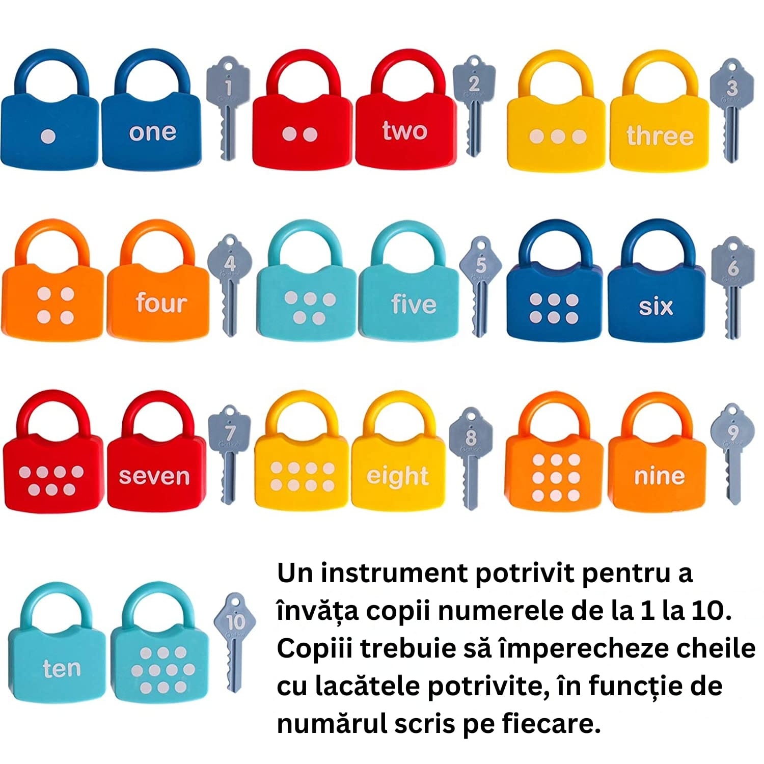 Joc Educativ Montessori Lacăte și Chei, Învățare Cifre 1-10, 20 Piese, Abilități Motorii, Fără BPA, Copii 3+ Ani - LUDIRO