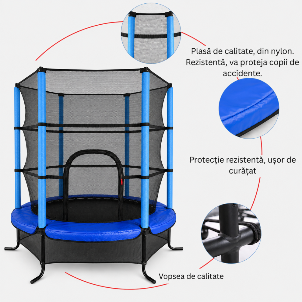 Trambulina pentru Copii LUDIRO, Diametru 140 Cm, Inaltime 160 Cm, Cu Plasa de Siguranta, Suporta 200 kg, Interior sau Exterior, Pentru Dezvoltarea Echilibrului, Albastra, + 3 Ani - LUDIRO