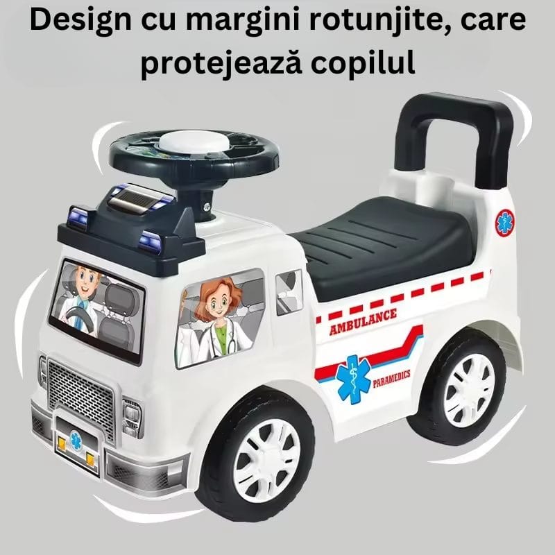 Resigilat - Masinuta Ride On pentru Copii, Ambulanta, Margini Rotunjite, Cu Spatar, Volan si Claxon, 52.5x22.5x37 Cm, +3 Ani - LUDIRO