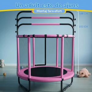 Trambulină pentru copii 8 în 1, Diametru 140 cm, cu plasă de siguranță, hamac, inele și coș de baschet, pentru interior și exterior, Certificare de Siguranta, Roz - LUDIRO