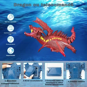 Dragon Interactiv de Apă cu Telecomandă, Funcție Stropire, Lumini, Acumulator Reîncărcabil, 43 cm, Jucărie Piscină, Rosu - LUDIRO