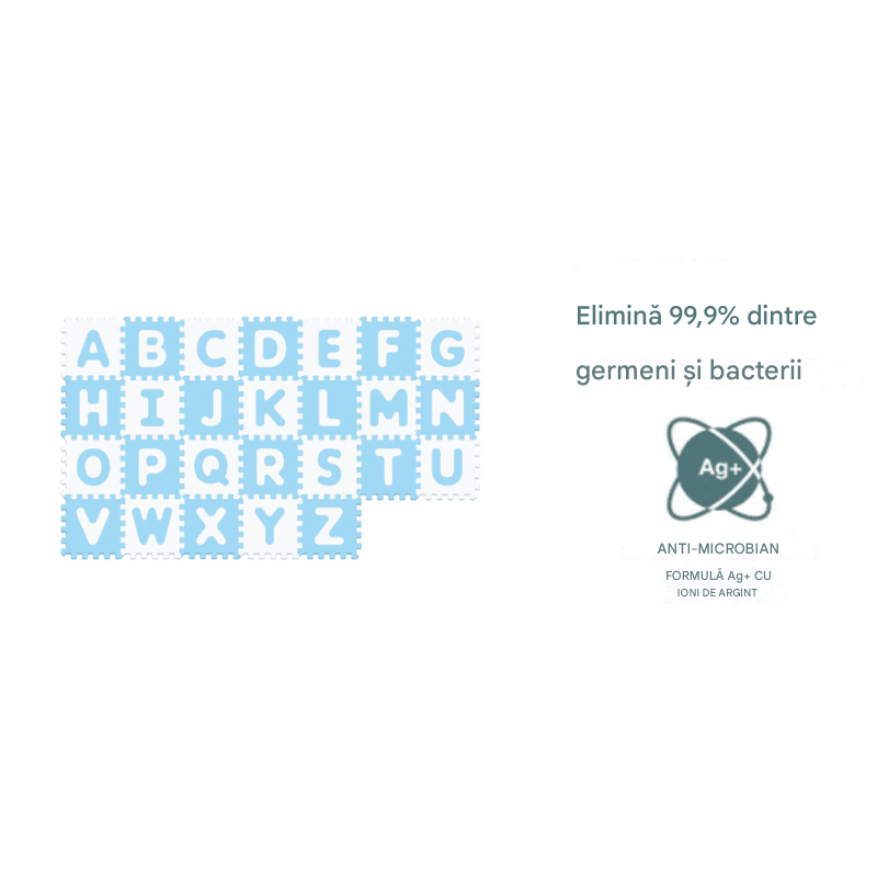 Covor Puzzle Antibacterian LUDIRO cu Litere A-Z, 26 Piese 32x32 cm, Spuma EVA cu Ioni de Argint, Alb Bleu - LUDIRO