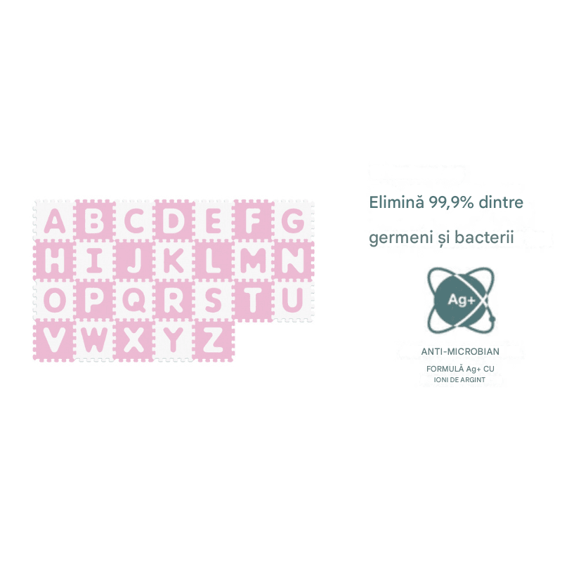Resigilat - Covor Puzzle Antibacterian cu Litere A-Z, 26 Piese 32x32 cm, Spuma EVA cu Ioni de Argint, Alb Roz - LUDIRO