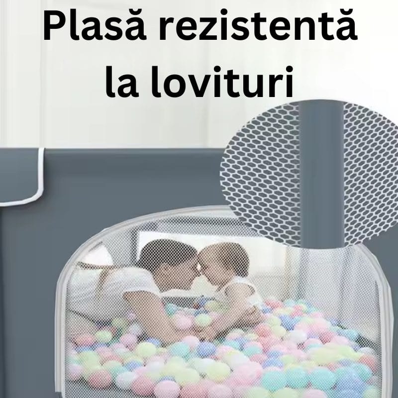 Tarc de Joaca pentru Copii, 1-5 Ani, 180x150x66 Cm, Spatiu Sigur si Generos, Cu Plasa Moale, Protectie la Colturi si Structura Stabila, Ideal pentru Interior si Exterior, Usor de Asamblat, Gri - LUDIRO
