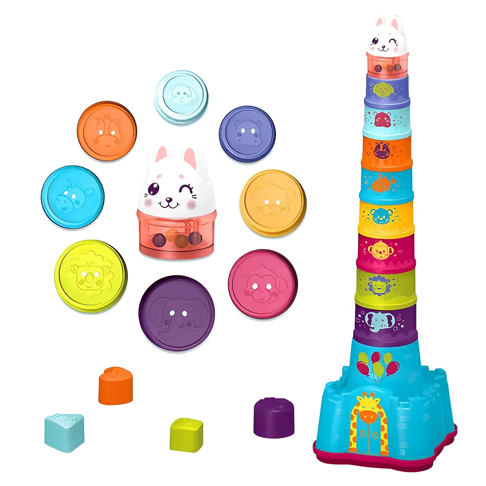 Set Educativ de Stivuit si Construit, Sortare Forme, Varf Pisicuta Zornaitoare, Multicolor, 15 Piese, 17x17x58 Cm, + 9 Luni - LUDIRO