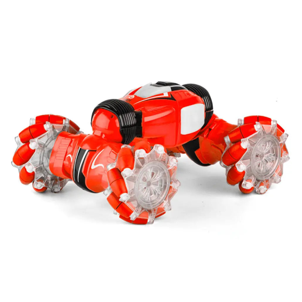 Masinuta de Cascadorii cu 2 Telecomenzi, Comanda Senzoriala prin Gesturi, 2.4 Ghz, Tractiune 4x4, Rotire 360 Grade, Lumini si Sunete Interactive, Flexibila, 1:12, Acumulator, Rosu, 32x20x9 cm, + 6 Ani - LUDIRO