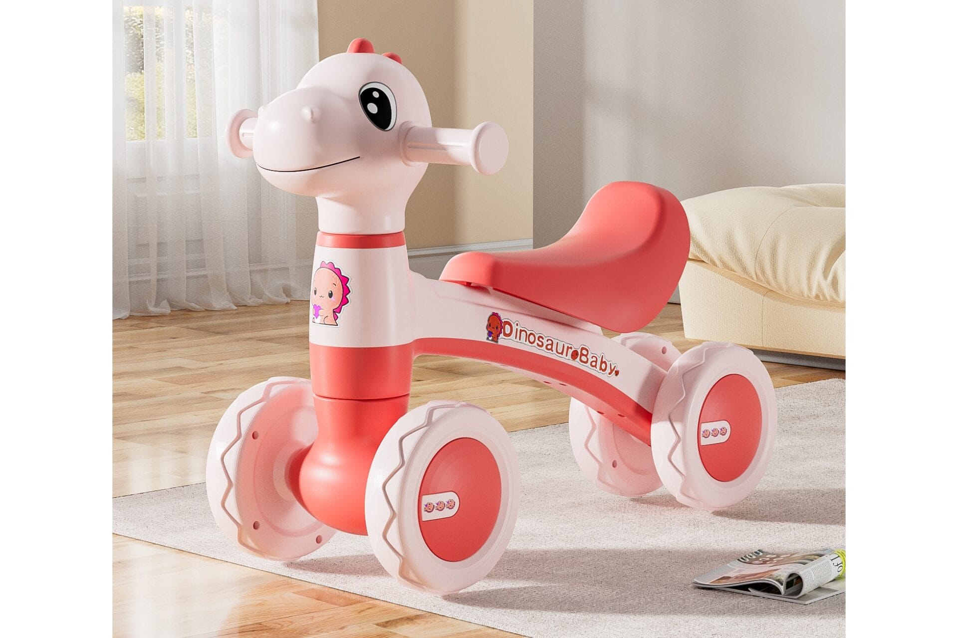 Bicicleta Dinozaur cu 4 Roti fara Pedale pentru Copii, Cu Structura Stabila, Functie cu Muzica si Lumini Interactive, 80 x 58 x 51 Cm, Roz - LUDIRO