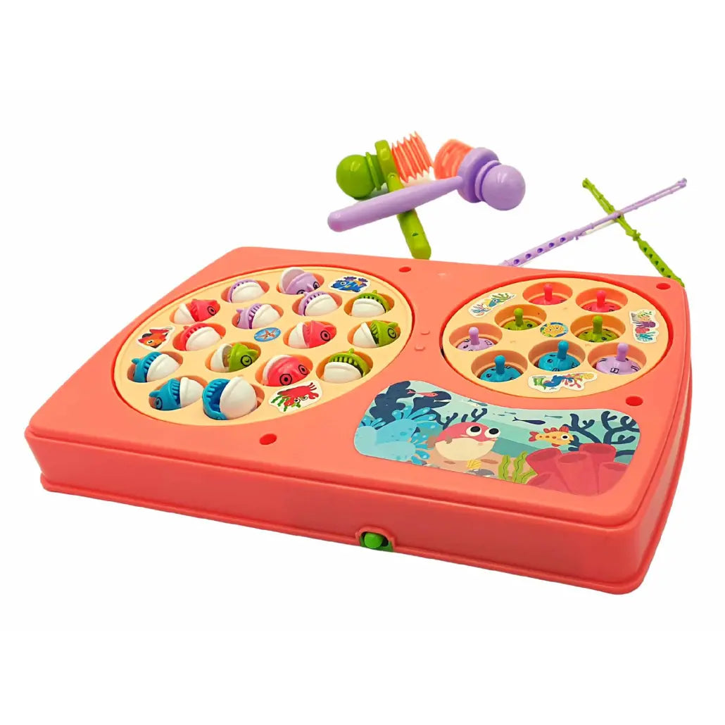 Set Interactiv 2 in 1, Joc Pescuit cu 15 Pestisori si 2 Undite, Joc Whack A Mole cu 8 Cartite si 2 Ciocanele, Cadru Rotativ, Sunete, 28x18x4 Cm, Roz, + 3 Ani - LUDIRO