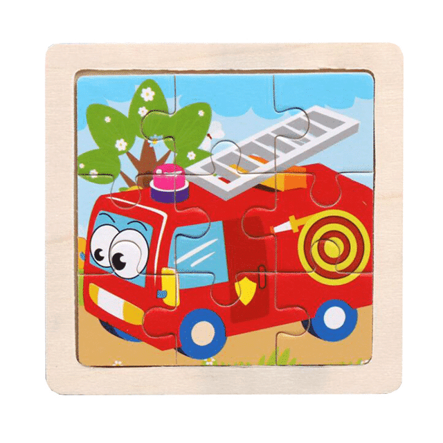 Puzzle Educativ din Lemn pentru Copii, Masina de Pompieri, 9 Piese, 11x11x0.5 Cm, + 3 Ani - LUDIRO