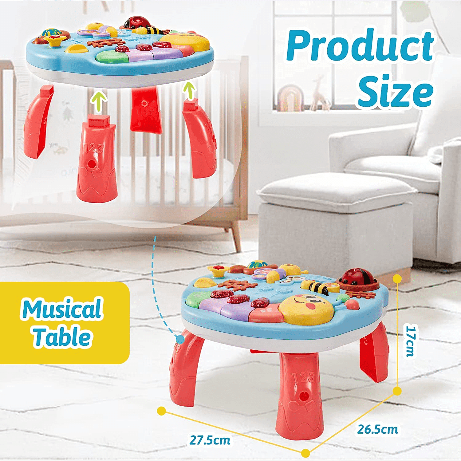 Jucarie Interactiva Bebelusi 3 in 1, Lumini si Sunete, Educativa, Multiple Activitati, Cu Picioare si Sistem de Agatare, 26.5x27.5x17 Cm, + 1 An - LUDIRO