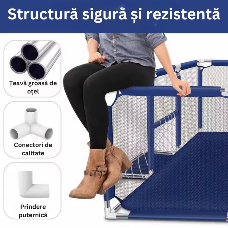 Țarc de copii XXL 235×129×66 Cm, Loc de Joacă Sigur cu Poartă si Coș, Acces Lateral cu Fermoar, Cadru din Oțel Inoxidabil, 1–6 Ani, Albastru - LUDIRO