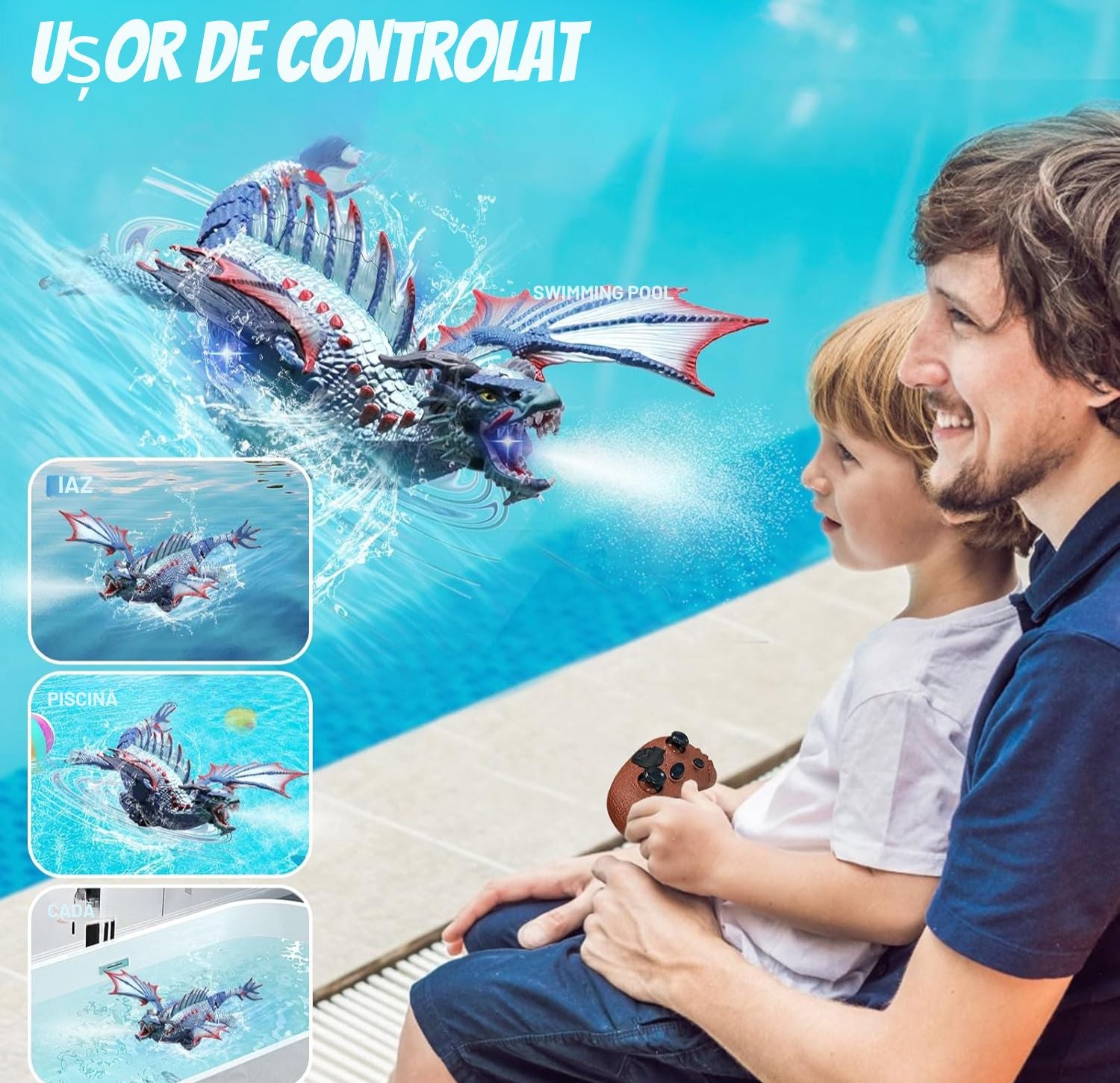 Dragon Interactiv de Apă cu Telecomandă, Funcție Stropire, Lumini, Acumulator Reîncărcabil, 43 cm, Jucărie Piscină, Albastru - LUDIRO