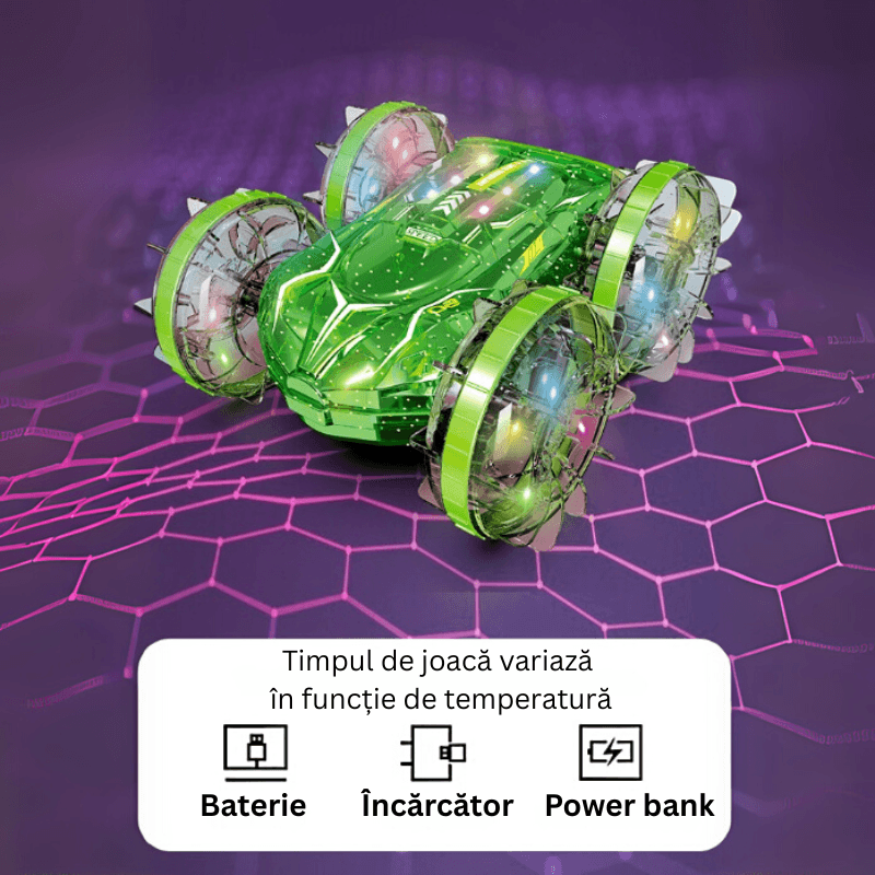 Masinuta RC Amfibie pentru Copii Ludiro, Rotire 360°, Lumini LED, Acumulator USB, Merge si pe Apa si Uscat, Verde, + 5 Ani - LUDIRO