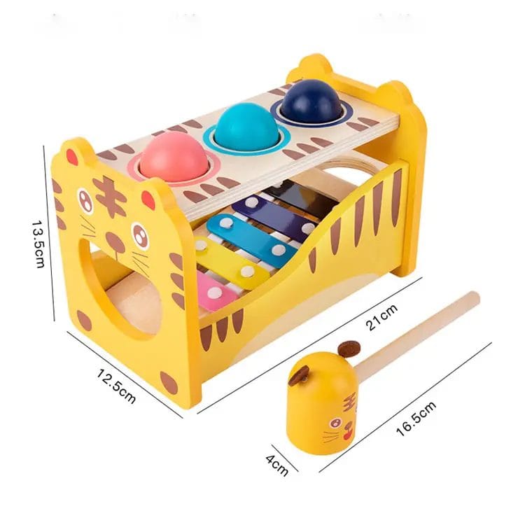 Joc Educational Multifunctional cu Xilofon, Ciocanel si Bile Multicolore, Model Tigrisor, Galben, 21x13.5x12.5 Cm, +3 Ani - LUDIRO