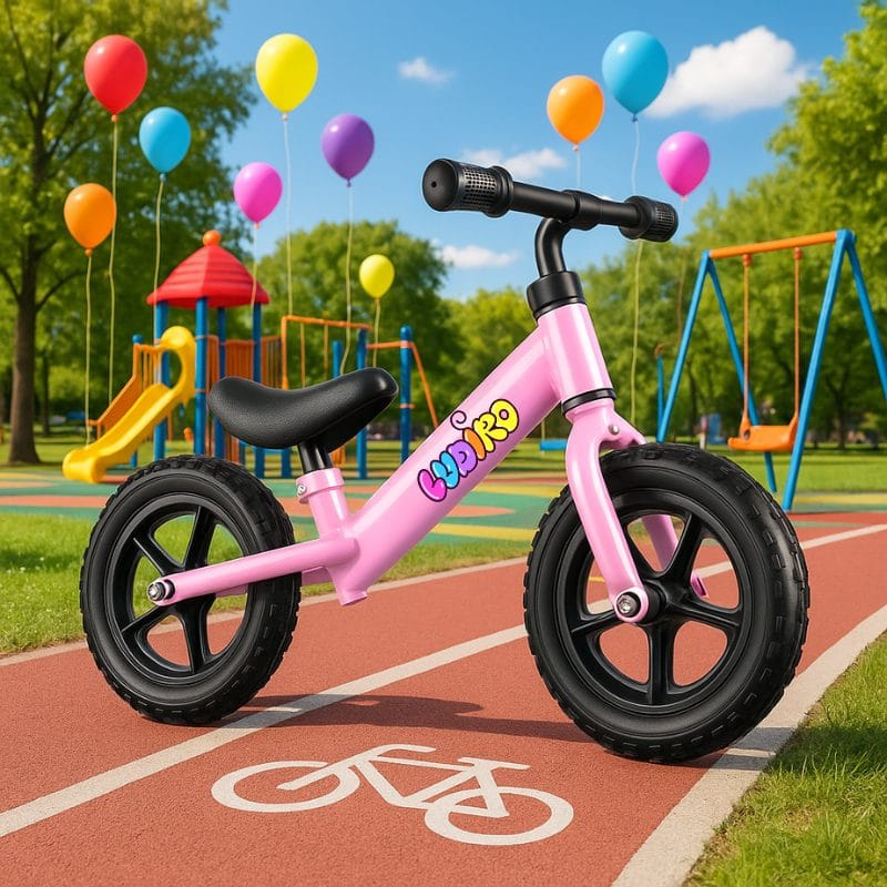 Bicicleta de Echilibru fara Pedale LUDIRO pentru Copii intre 2-5 Ani, Reglabila pe Inaltime, Rotire Ghidon 360 Grade, Roti din Polimer Antisoc Diametru 30 Cm, Cadru Metalic, Roz - LUDIRO
