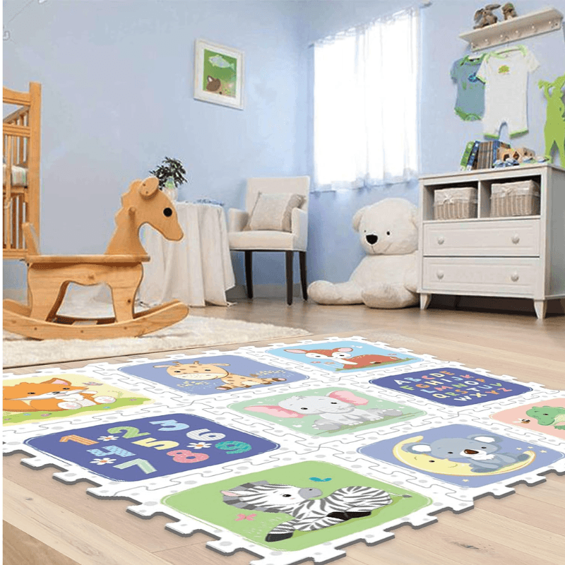 Resigilat - Covor Puzzle din Spuma EVA pentru Copii Ludiro, Set 9 Piese Educationale cu Animale, Litere si Cifre, Sigur, Non-Toxic, Suprafata Totala 89x89 Cm, Asamblare 3D, Joaca si Invatare - LUDIRO