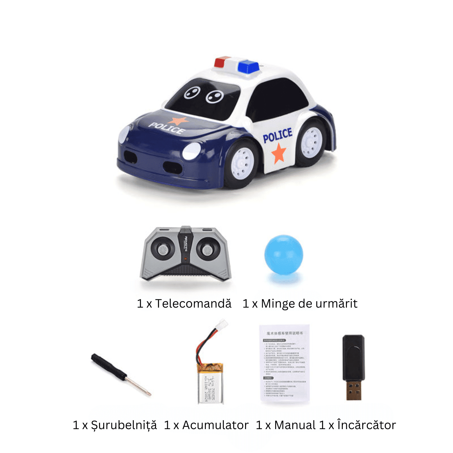 Masinuta de Politie cu Telecomanda, Functii Inteligente Multiple, Senzor de Urmarire Obiect, Traseu Prestabilit prin Desen, Muzica Interactiva, Acumulator cu Incarcare USB, 14x8.5x7 Cm, +3 Ani, Utilit - LUDIRO