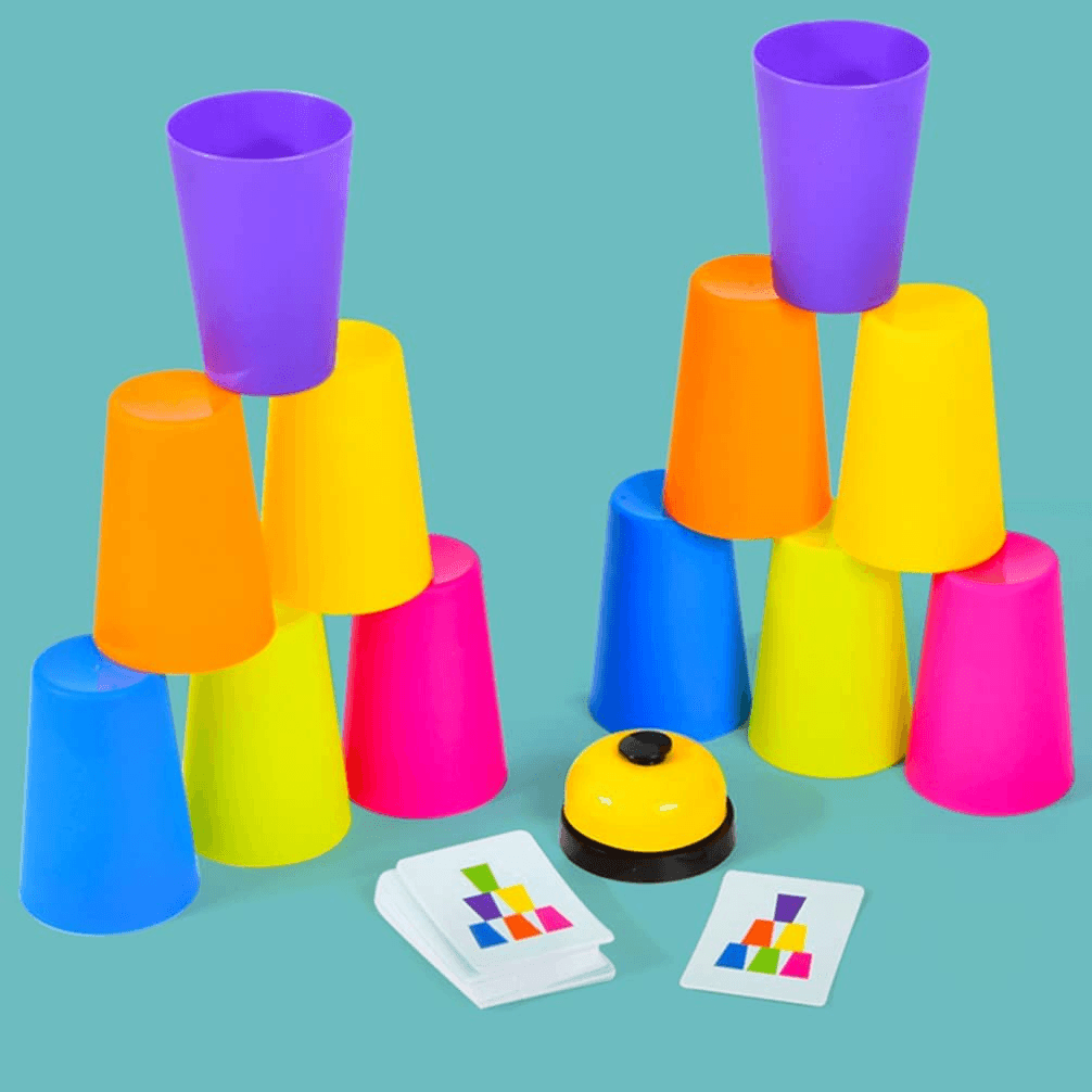 Resigilat - Joc de Societate Speed Cups, Interactiv Educativ Montessori, 12 Cupe, Clopotel, Carti de Joc, + 3 Ani - LUDIRO