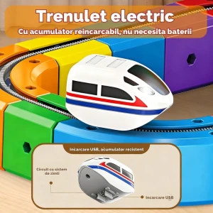 Circuit Trenuleț Electric 3D, Set Construcție Interactiv Cube Track, 81 Piese, Tren cu Acumulator USB și Lumini, Semne de Circulație, +3 Ani - LUDIRO