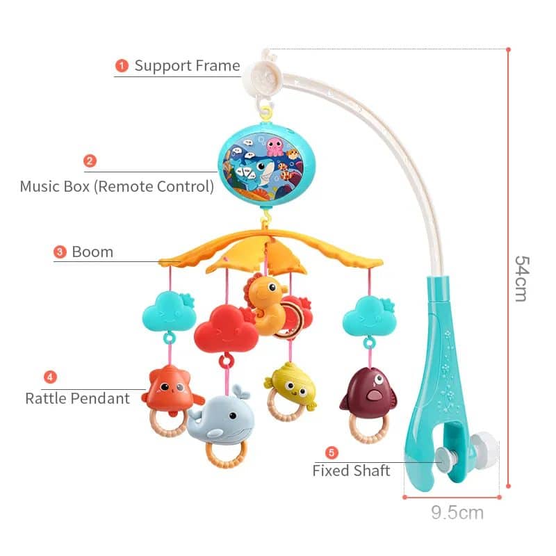 Carusel Muzical cu Telecomanda si Proiector, 200 Melodii, Volum Reglabil, Temporizator de Oprire, Functie Rotire, 54 x 9.5 Cm, Animale Marine, Rosu,+ 0 Luni - LUDIRO