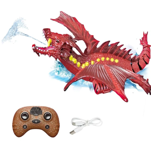 Dragon Interactiv de Apă cu Telecomandă, Funcție Stropire, Lumini, Acumulator Reîncărcabil, 43 cm, Jucărie Piscină, Rosu - LUDIRO