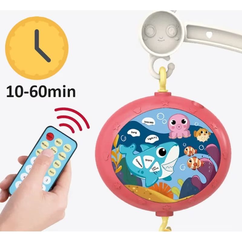 Resigilat - Carusel Muzical cu Telecomanda si Proiector, 200 Melodii, Volum Reglabil, Temporizator de Oprire, Functie Rotire, 54 x 9.5 Cm, Animale Marine, Rosu,+ 0 Luni - LUDIRO