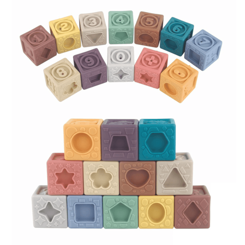 Set Educativ 12 Cuburi Senzoriale din Silicon Ludiro, Numere si Forme, Stivuire Bebelusi +6 Luni - LUDIRO