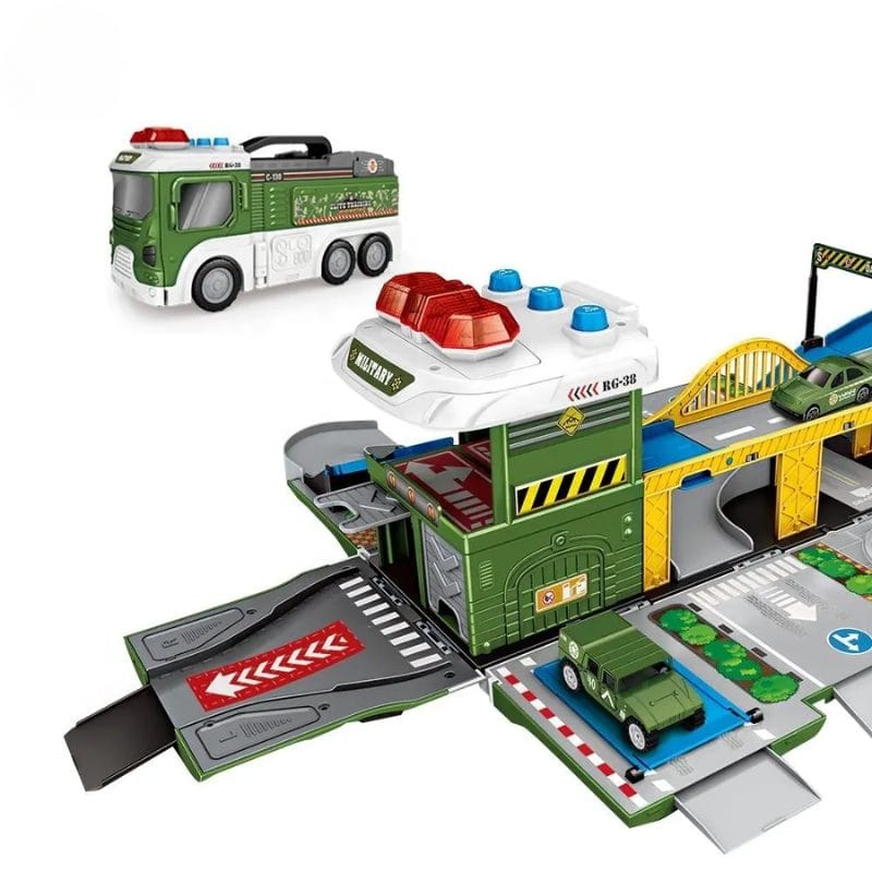 Set de Joaca Camion 2 in 1 Transformabil in Vehicul Militar, cu Masini, Elicopter, Rampa si Sunete Realiste, Jucarie Educativa pentru Copii, Stimuleaza Invatarea prin Joaca,+ 3 Ani - LUDIRO