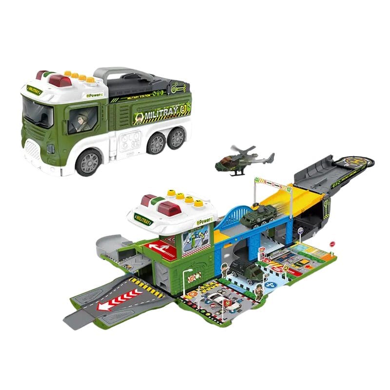 Set de Joaca Camion 2 in 1 Transformabil in Vehicul Militar, cu Masini, Elicopter, Rampa si Sunete Realiste, Jucarie Educativa pentru Copii, Stimuleaza Invatarea prin Joaca,+ 3 Ani - LUDIRO