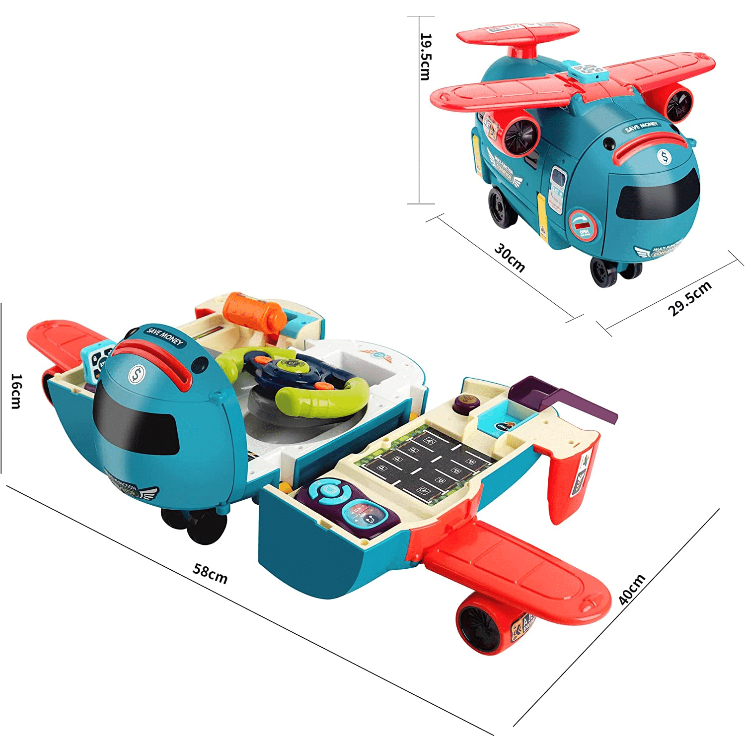 Avion Transformabil Multifunctional, Simulator de Zbor si Condus, Sunete Realiste, 1 Masinuta, Pusculita, Albastru Rosu, 30x29.5x19.5 Cm, + 3 Ani - LUDIRO