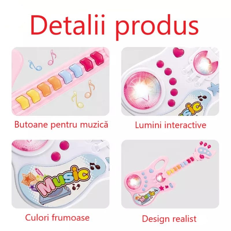 Resigilat - Jucarie Interactiva Chitara cu Panou Muzical si Luminos, Functii Multiple, Roz, 36x13.5x3 cm, +2 Ani - LUDIRO