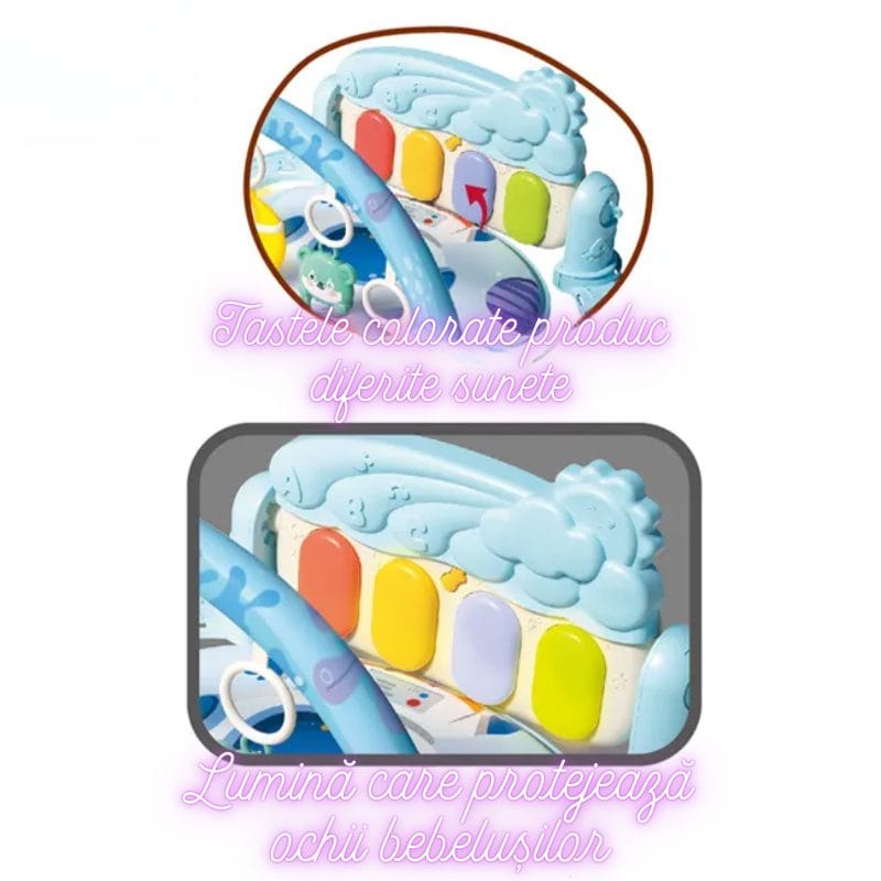 Resigilat - Centru de Activitati pentru Bebelusi cu Modele Simpatice, 75x56x43 Cm, Covoras Interactiv 5 in 1 cu Pian, Jucarii Detasabile, Sunete Muzicale, Lumina Delicata si Design Educational, Stimulare Cognitiva, + 0 Luni, Utility One - LUDIRO