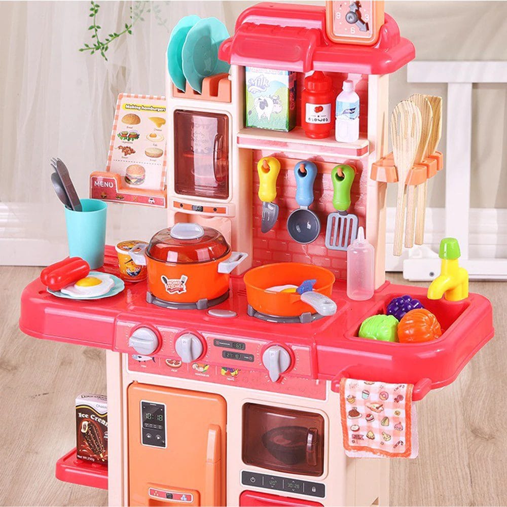 Resigilat - Set de Joaca Bucatarie Multifunctionala pentru Copii, 42 Piese, Lumini si Sunete Realiste, Aragaz, Cuptor, Chiuveta Functionala cu Apa, Bej Rose, 63x47x23 Cm - LUDIRO