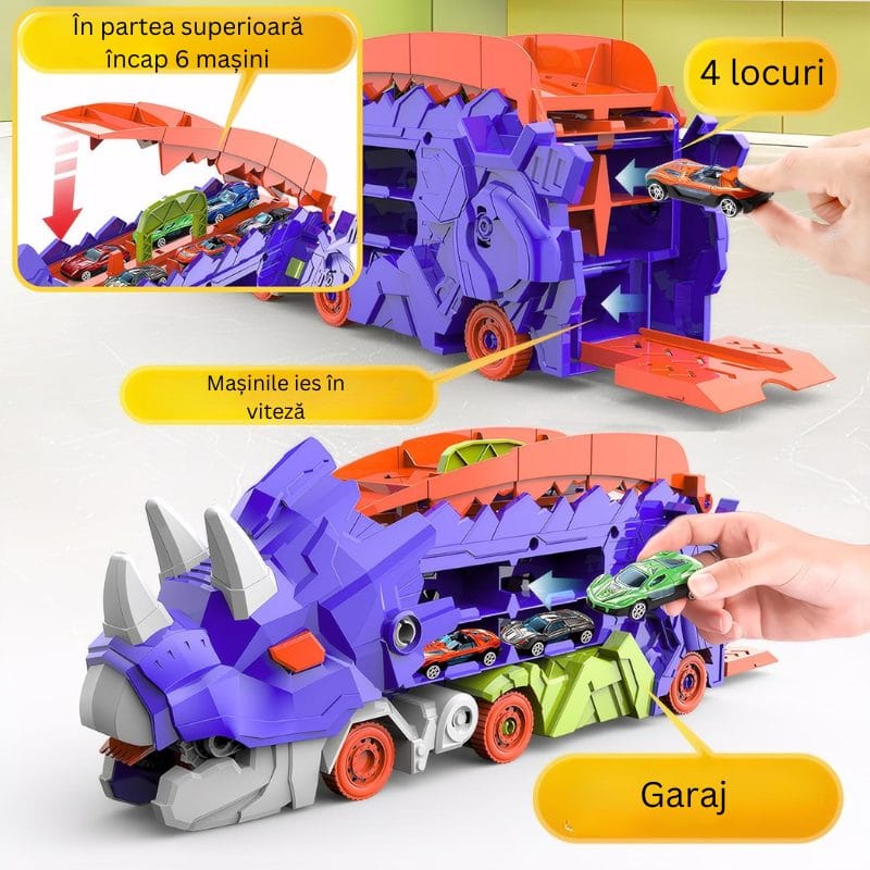 Set Multifunctional Dinozaur 2-in-1, Camion de Transport si Rampa de Lansare cu 2 Masinute, Distractie, Educatie si Dezvoltarea Creativitatii pentru Copii, + 3 Ani, Albastru Portocaliu - LUDIRO