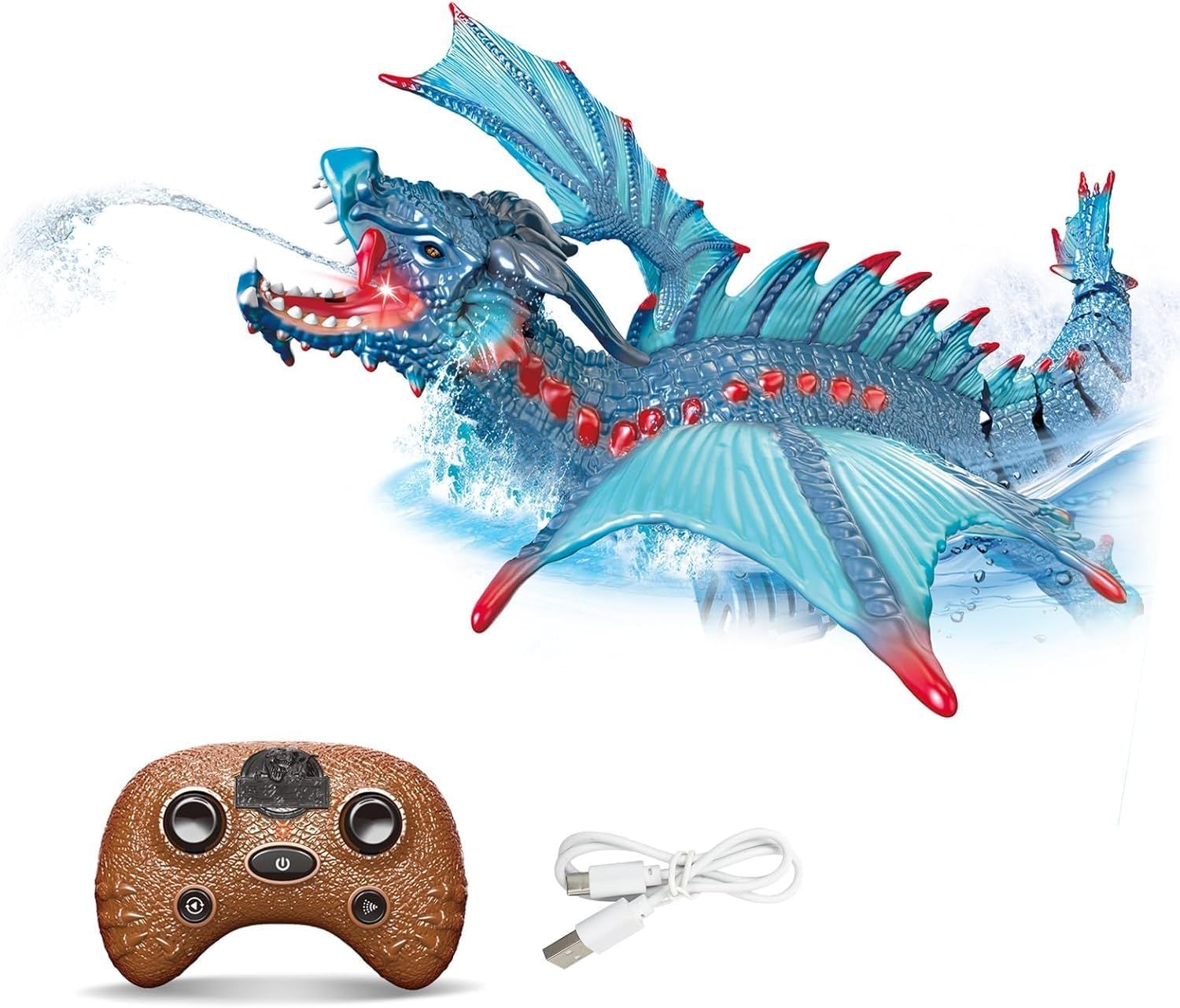 Dragon Interactiv de Apă cu Telecomandă, Funcție Stropire, Lumini, Acumulator Reîncărcabil, 43 cm, Jucărie Piscină, Albastru - LUDIRO