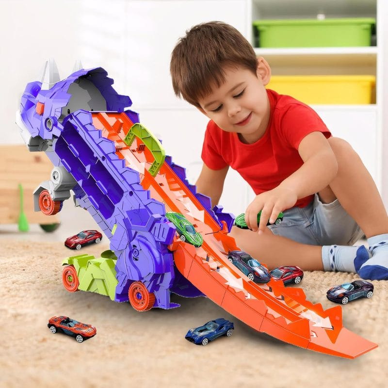 Set Multifunctional Dinozaur 2-in-1, Camion de Transport si Rampa de Lansare cu 2 Masinute, Distractie, Educatie si Dezvoltarea Creativitatii pentru Copii, + 3 Ani, Albastru Portocaliu - LUDIRO