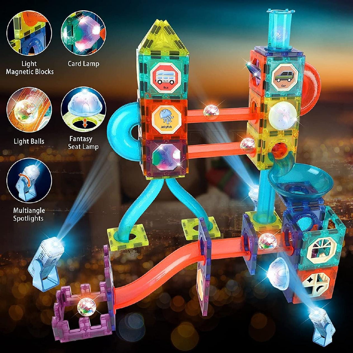 Resigilat - Set de Constructie, Blocuri Magnetice STEAM 3D Educationale, Circuit cu Bile, Lumini Led Interactive, 2 Figurine, Multiple Moduri de Construit, 292 piese, Multicolor, + 3 Ani - LUDIRO