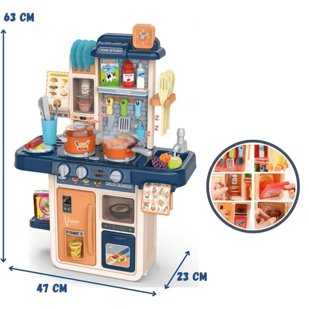 Bucatarie Multifunctionala pentru Copii, 42 Piese, Lumini si Sunete Realiste, Aragaz, Cuptor, Chiuveta Functionala cu Apa, Bej Albastru, 63x47x23 Cm - LUDIRO